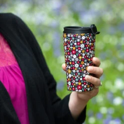 Eco Chic Black Ditsy Flowers Stainless Steel Travel Coffee Cup -Yankee Candle Sales eco chic flowers stainlesssteel travel cup 1