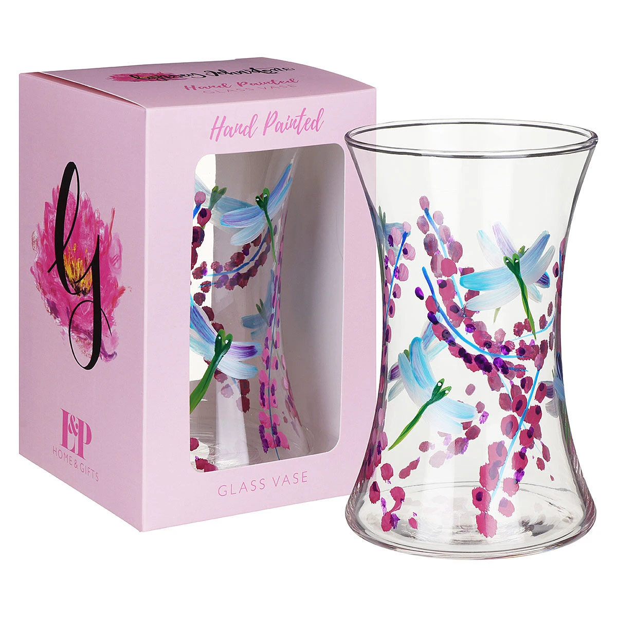 Lynsey Johnstone Hand Painted Dragonfly With Pink Flowers Hourglass Vase 1 Lynsey Johnstone Hand Painted Dragonfly With Pink Flowers Hourglass Vase