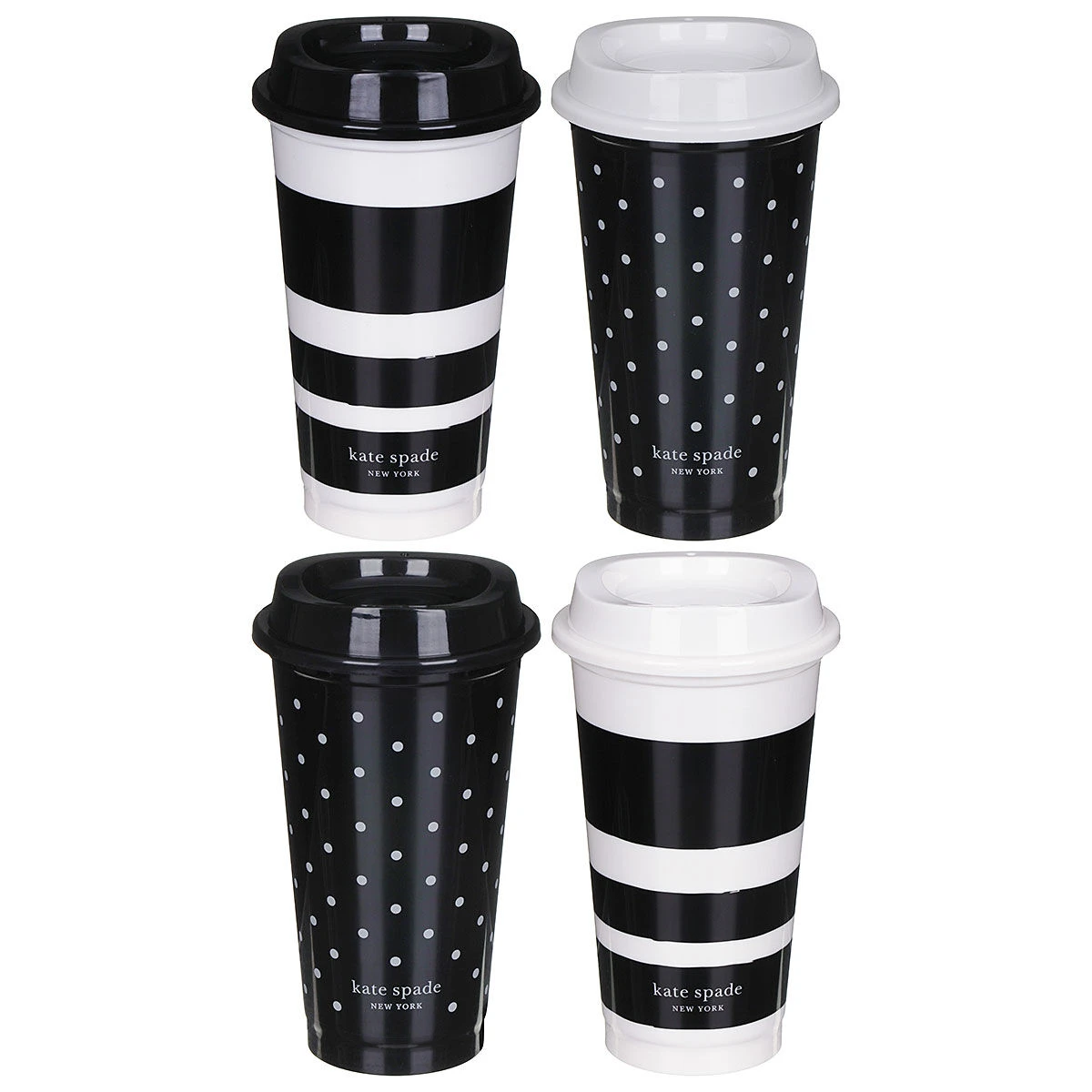 Kate Spade New York Black & White Stripe/Dot Set Of Four Travel Cups 1 Kate Spade New York Black & White Stripe/Dot Set Of Four Travel Cups