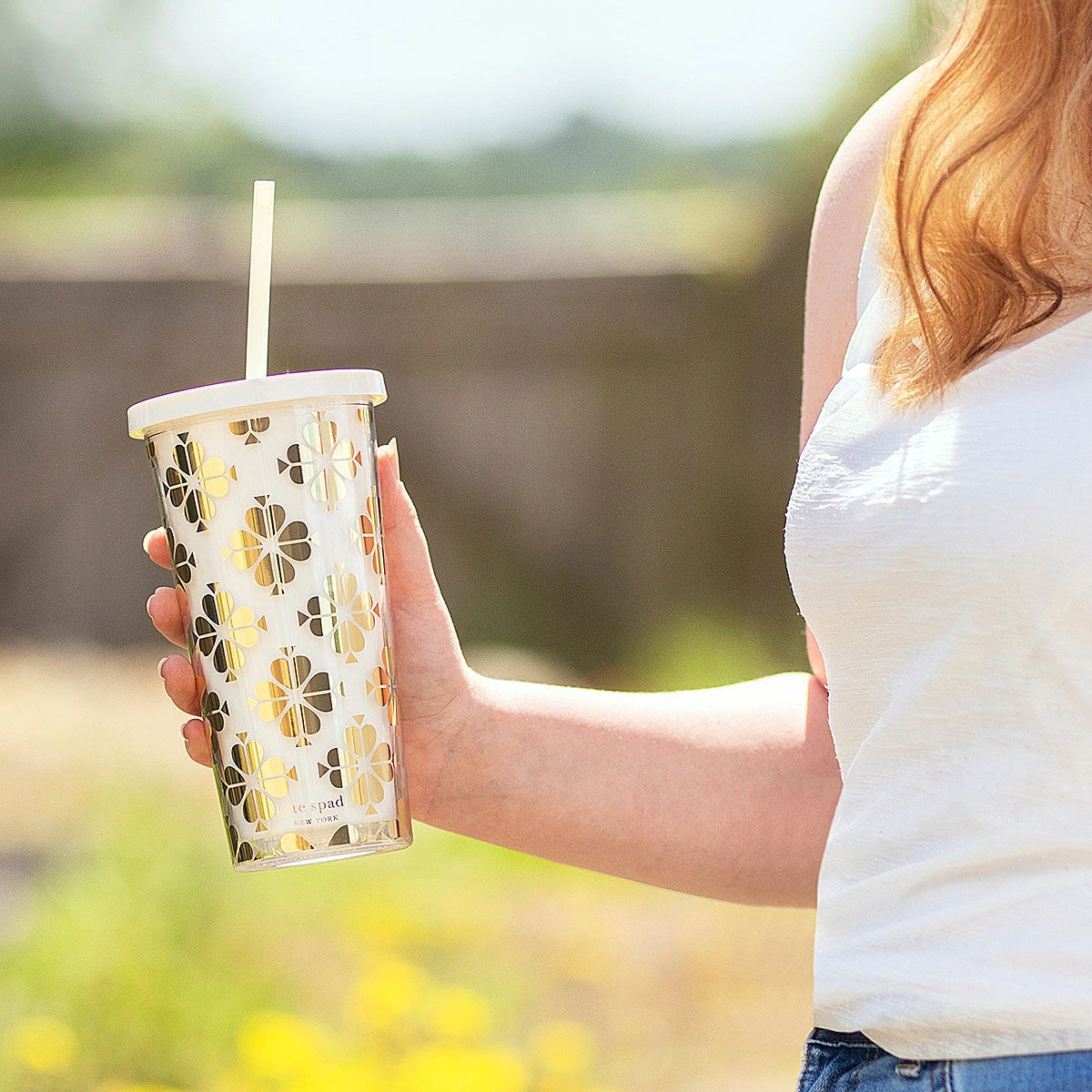 Kate Spade New York Gold Spade Flower Tumbler With Straw 2 Kate Spade New York Gold Spade Flower Tumbler With Straw - Image 2