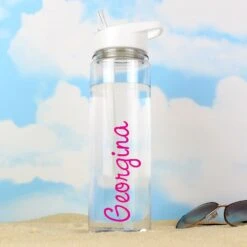 Personalised Island Water Bottle With Pink Text