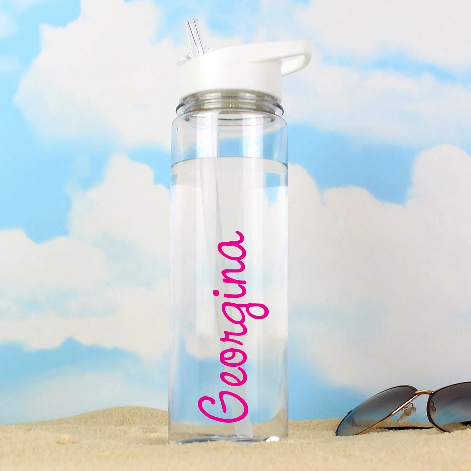 Personalised Island Water Bottle With Pink Text 1 Personalised Island Water Bottle With Pink Text