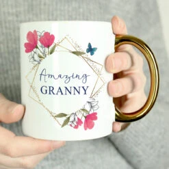 Personalised Geometric Floral Gold Handle Mug -Yankee Candle Sales pmc personalised p0805n44 geometic floral gold handle mug 06